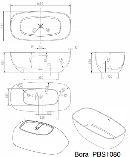 1650mm Pietra Bianca - Bora Freestanding Bathtub