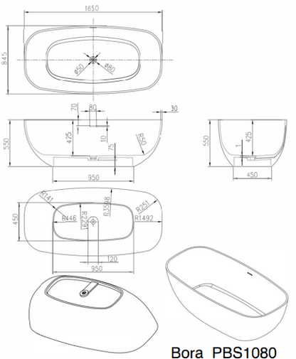 1650mm Pietra Bianca - Bora Freestanding Bathtub