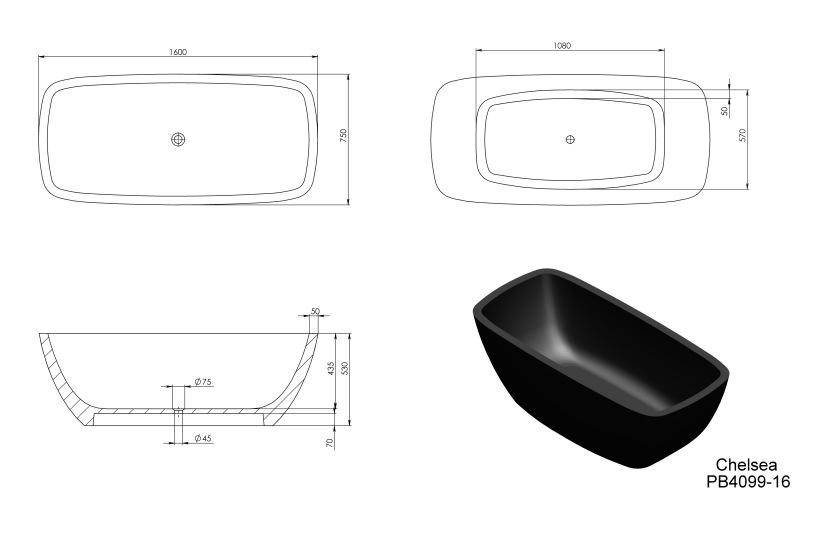 1600mm Pietra Bianca - Chelsea Freestanding Bathtub
