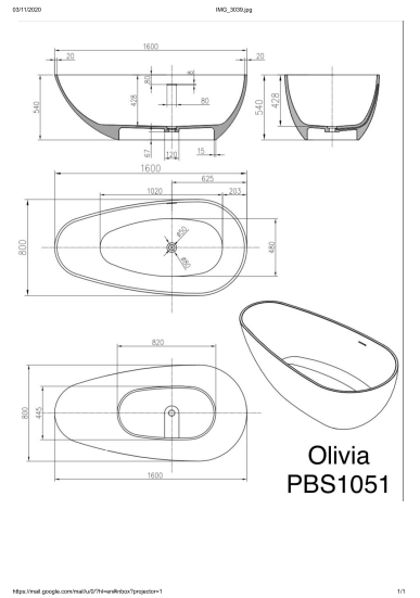 1600mm Pietra Bianca - Olivia Freestanding Bathtub