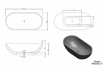1700mm Pietra Bianca - Ryese Freestanding Bathtub