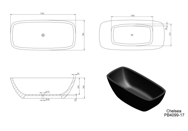 1700mm Pietra Bianca - Chelsea Freestanding Bathtub