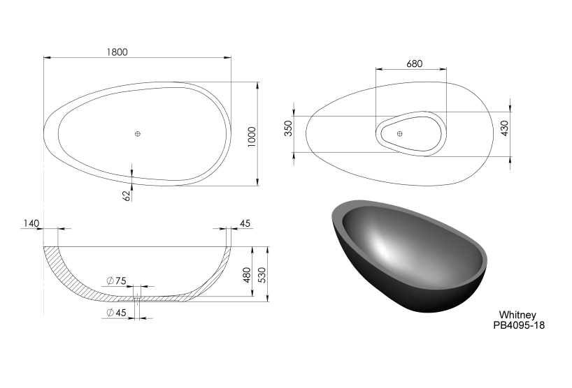 1800mm Whitney
  FreestandingStone Bathtub - 1800x1000x530 mm | PB4095-16-2
