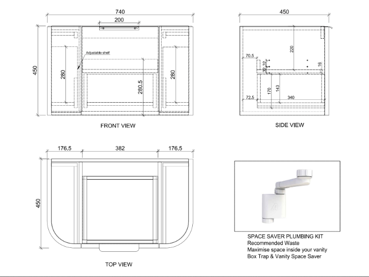 750mm *Matt white plywood              * Big curved edge shaker style                       *1 tier  1 big Drawer   2 side drawers                   * Wall Hung