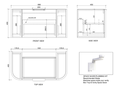 900mm *Matt Black plywood              * Big curved edge shaker style                       *1 tier  1 big Drawer   2 side drawers                   * Wall Hung