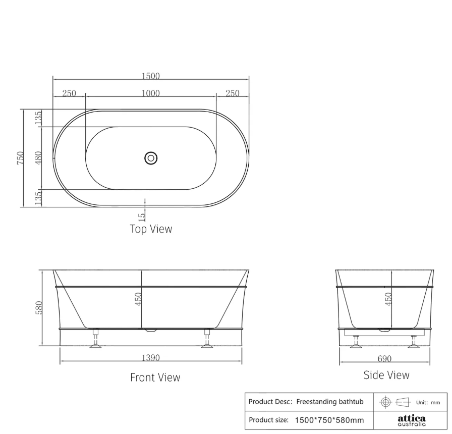 Attica Bondi 1500x800x580 Gloss White Freestanding Bath with Overflow.