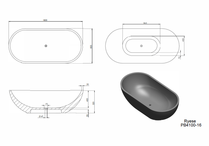 1600mm Pietra Bianca - Ryese Freestanding Bathtub