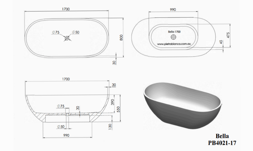 1700mm Pietra Bianca - Bella Freestanding Bathtub