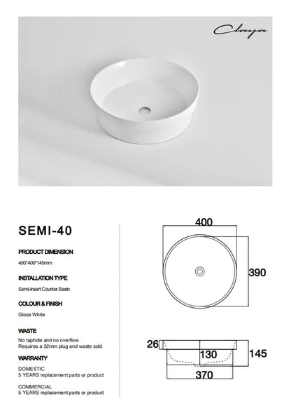 400*400*145mm Gloss White Insert Basin