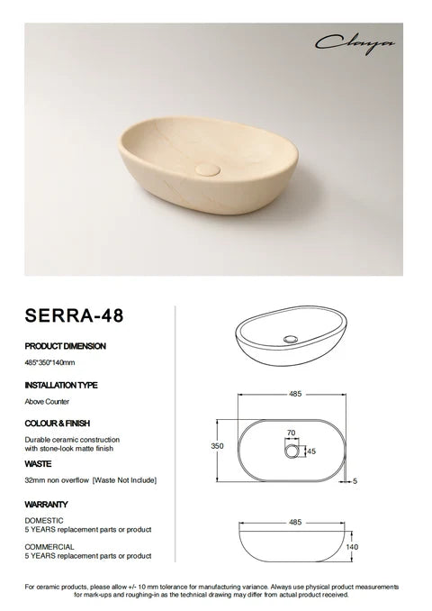 485*350*140mm Matte Beige Carrara Design Above Counter Basin