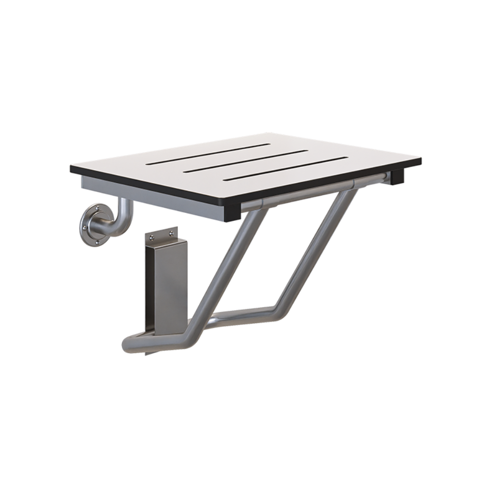 Folding Shower Seat – 470mm W x 445mm D - with a 13mm White Phenolic Seat Top and a Satin Stainless Steel Frame
