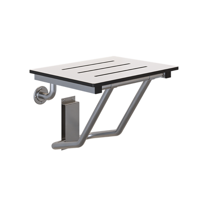 Folding Shower Seat – 470mm W x 445mm D - with a 13mm White Phenolic Seat Top and a Satin Stainless Steel Frame