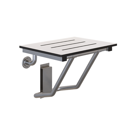 Folding Shower Seat – 470mm W x 445mm D - with a 13mm White Phenolic Seat Top and a Satin Stainless Steel Frame