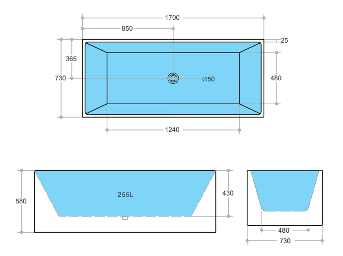 1700mm Theo Multifit Bathtub - No Overflow - Gloss White
