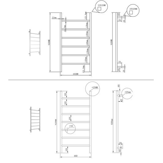 Square Towel Ladder 920x460mm Black