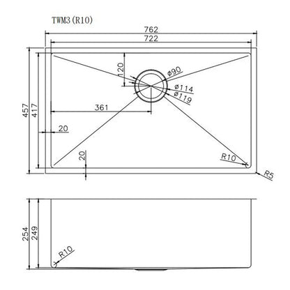 Round Corner Stainless Steel Copper PVD Coating Single Bowl Kitchen Sink(with Bottom Grid) 762*457*254mm