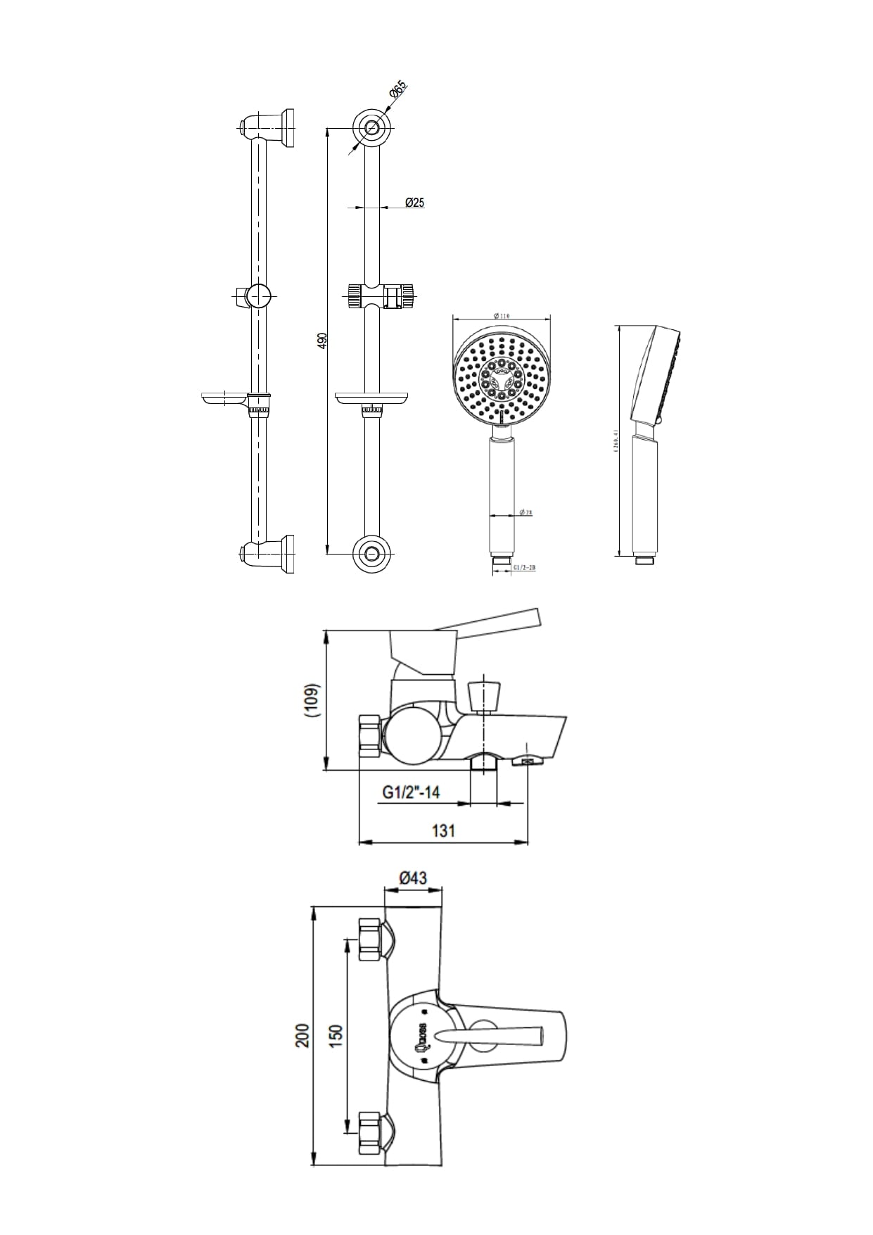 Diverter Bath/Shower Mixer w/Drill-Free Rail Bar