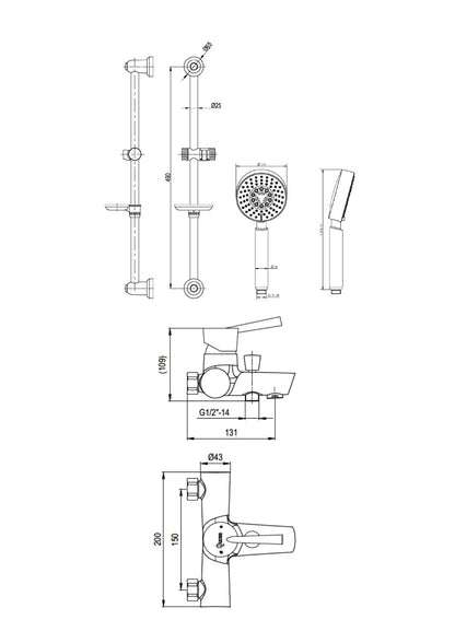 Diverter Bath/Shower Mixer w/Drill-Free Rail Bar