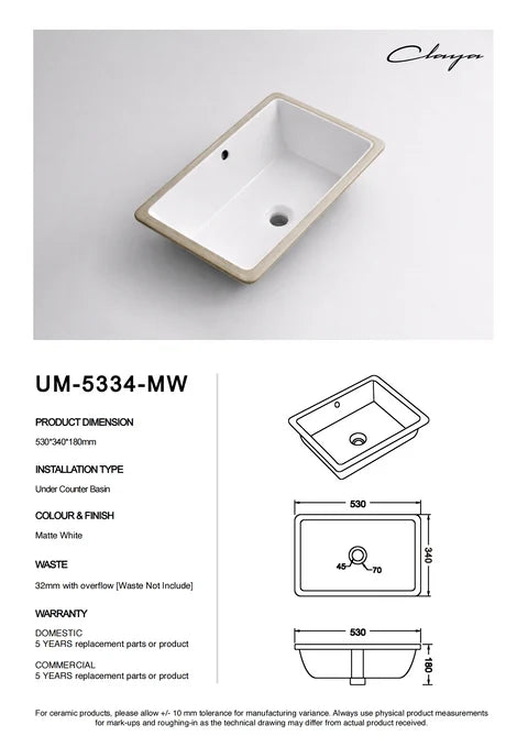 530*340*180mm Matte White Undermount Basin