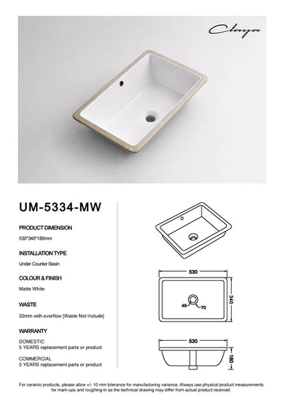 530*340*180mm Matte White Undermount Basin