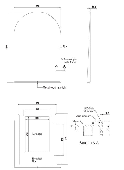 Arch LED Framed Mirror - Brushed Gold - 600x900mm