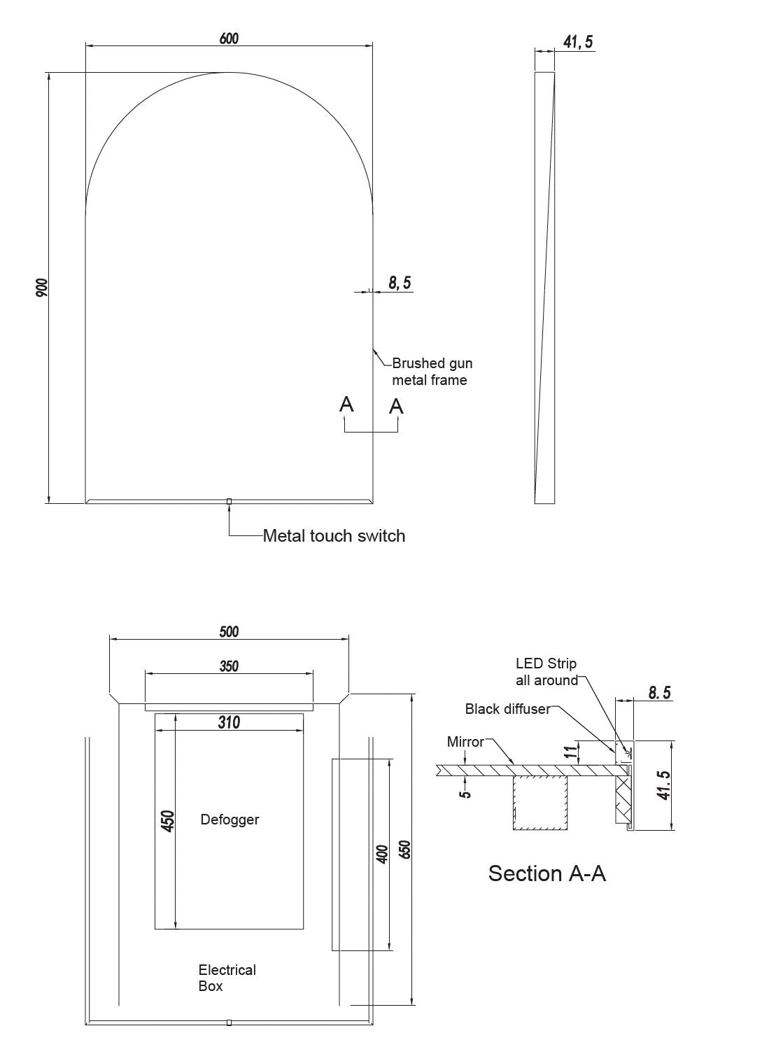 Arch LED Framed Mirror - Matt Black -  600x900mm