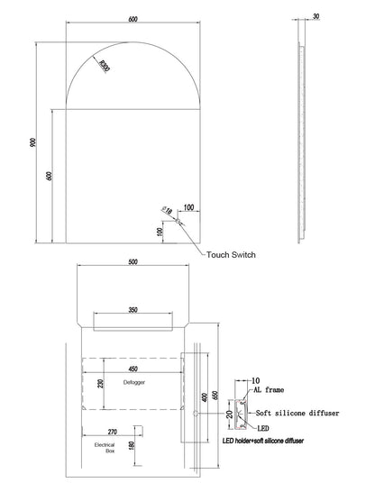 Uni-Arch Backlit LED Framless Mirror - 600x900mm