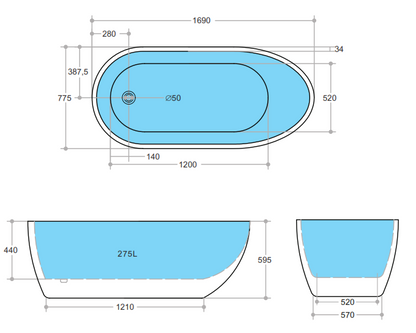 1700mm Freestanding Bathtub - No Overflow - Matte White
