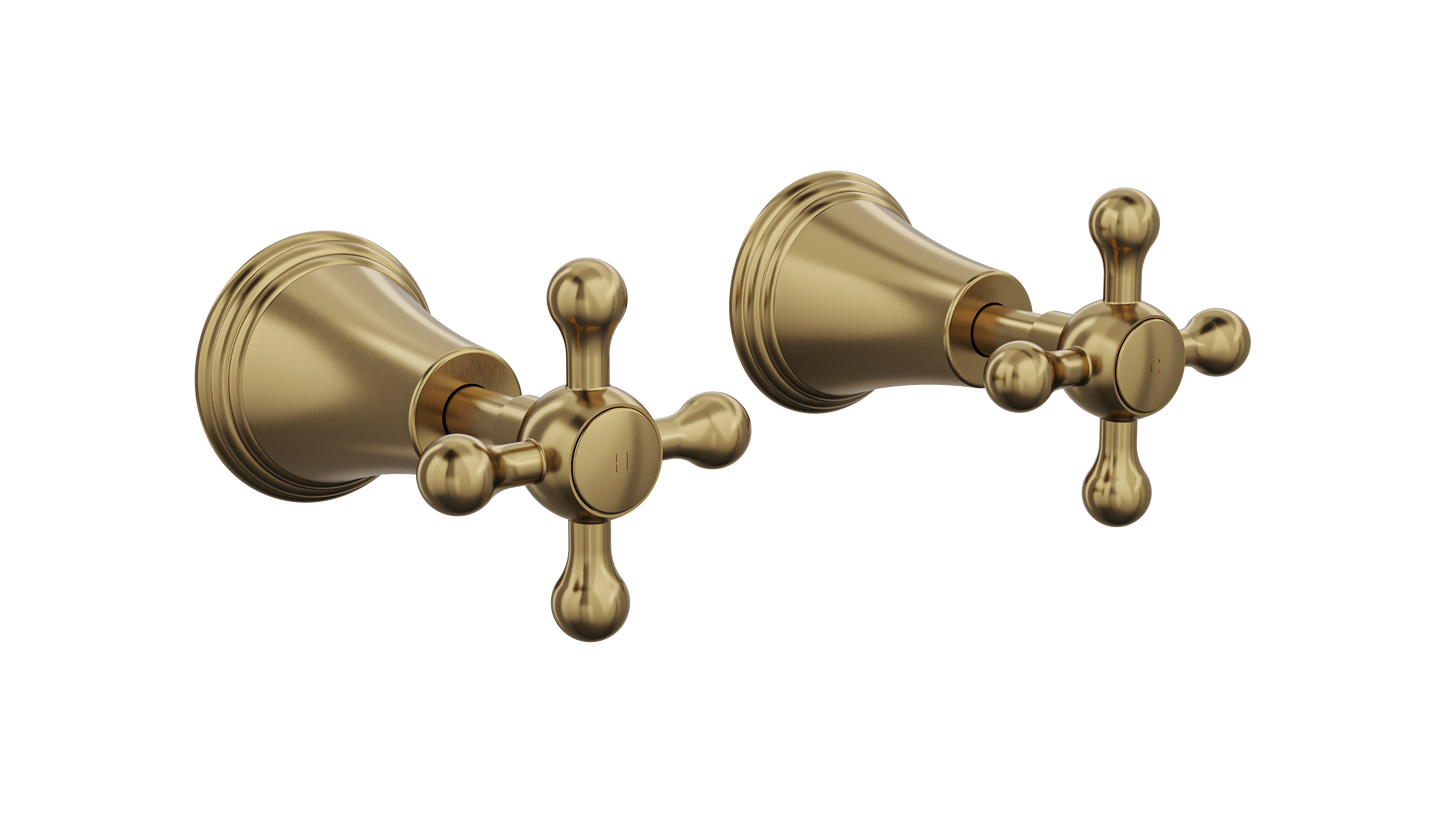 Vintage Cross Handle Wall Top Assemblies - Brushed Brass