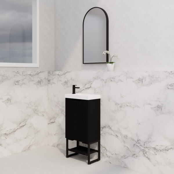 450mm * Matt Black   *Fluted style                        *1 door                         *Freestanding                     * mini vanity * Poly Top Included