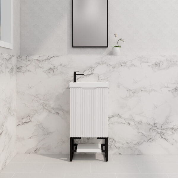 450mm * Matt white   *Fluted style                        *1 door                         *Freestanding                   * mini vanity * Poly Top Included