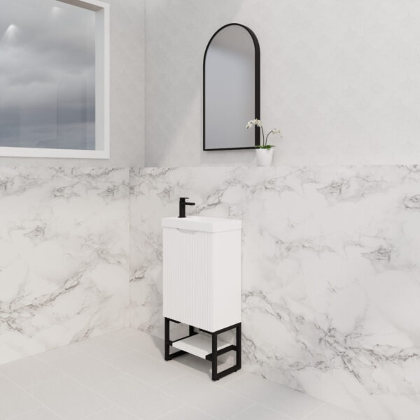 450mm * Matt white   *Fluted style                        *1 door                         *Freestanding                   * mini vanity * Poly Top Included