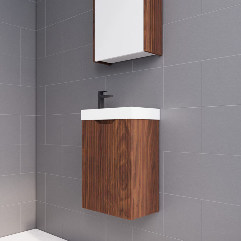 450mm * Brown oak   *Fluted style                        *1 door                         *Wall Hung                      * mini vanity