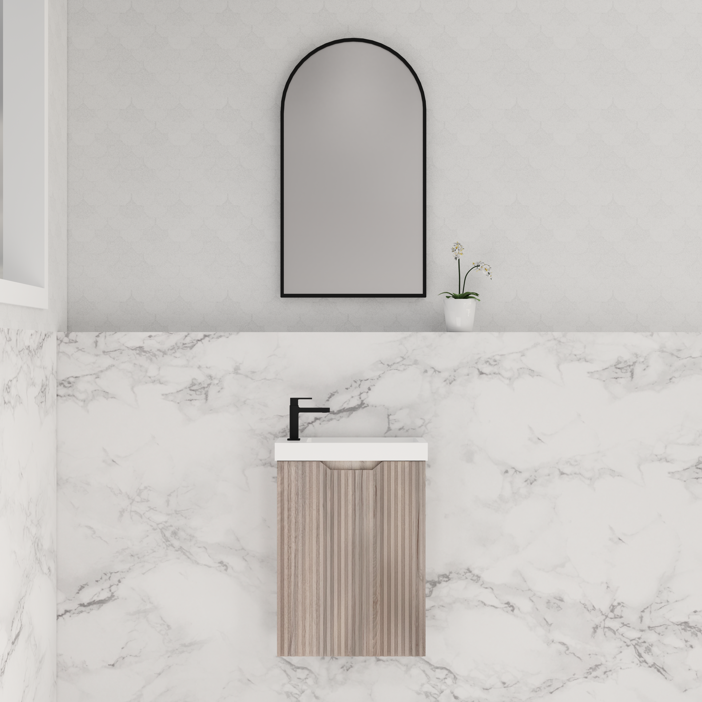 450mm * White oak   *Fluted style                        *1 door                         *Wall Hung                      * mini vanity
