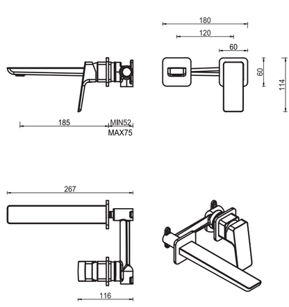 Tiago Wall-Spout Combo - 2P - TRIM KIT - Gunmetal