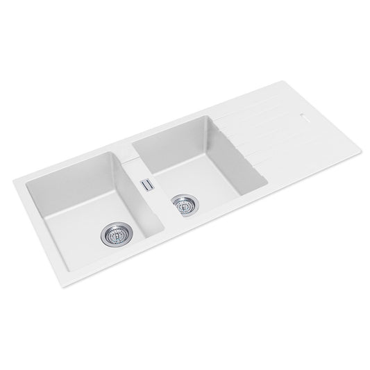 White Arete Stone Granite Double Bowl with Drain Board Stone Kitchen Sink 1160*500*200mm