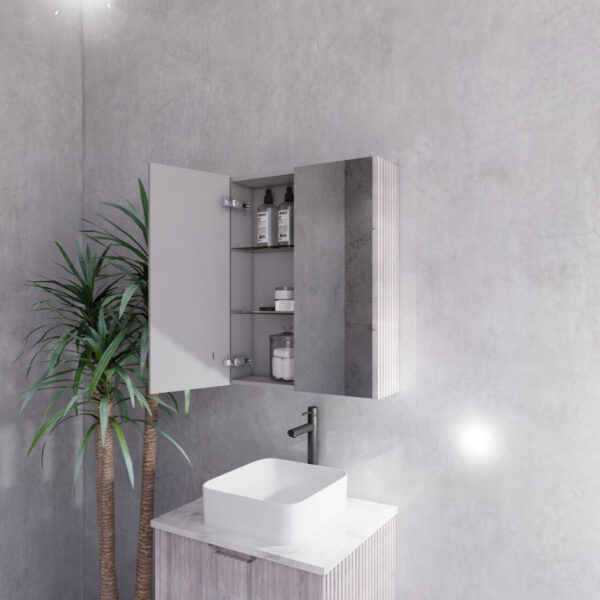 600mm White Oak Fluted Shaving Cabinet -W600xH720xD150
