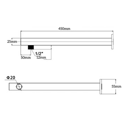 Mica Wall Shower Arm - 450mm - Straight - Black