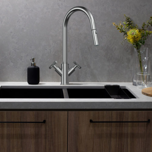 X-GEN 316 Stainless Steel Gooseneck XPRESSFIT retractable tap with cross handles Satin