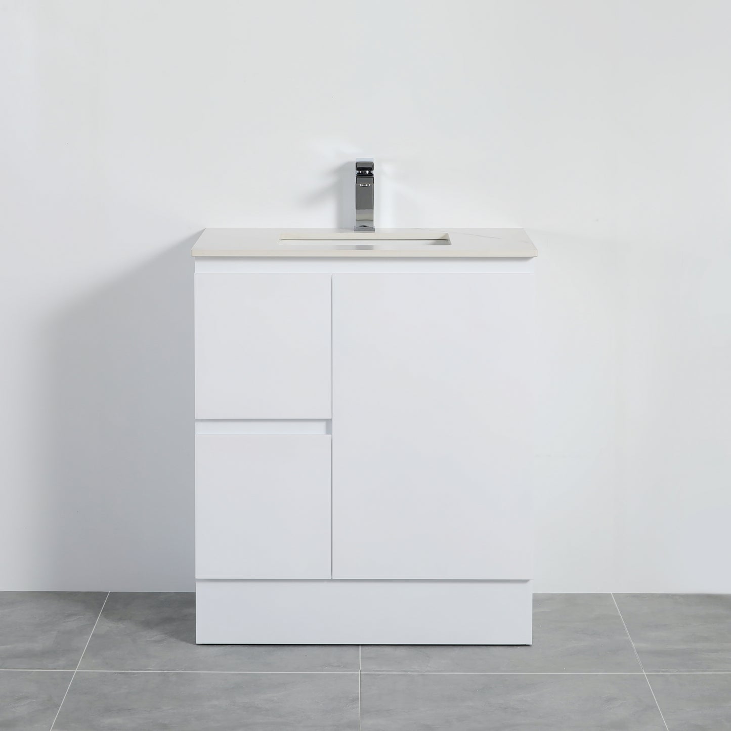 750mm PVC Waterproof Freestanding/Floor Vanity With Ceramic Top - Left Hand Drawers