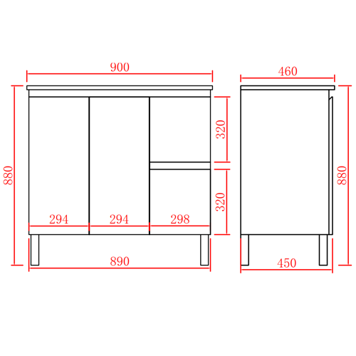 900mm PVC Waterproof Freestanding/Floor Vanity With Ceramic Top - Right Hand Drawers