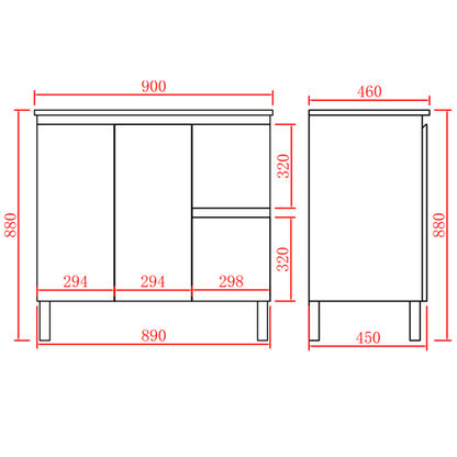 900mm PVC Waterproof Freestanding/Floor Vanity With Ceramic Top - Right Hand Drawers