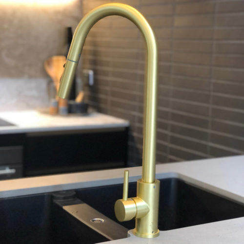 XACTA Stainless Steel Gooseneck XPRESSFIT retractable dual spray mixer Brushed Gold