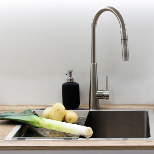 XCEL  Stainless Steel Gooseneck XPRESSFIT retractable dual spray mixer with conical base - Satin