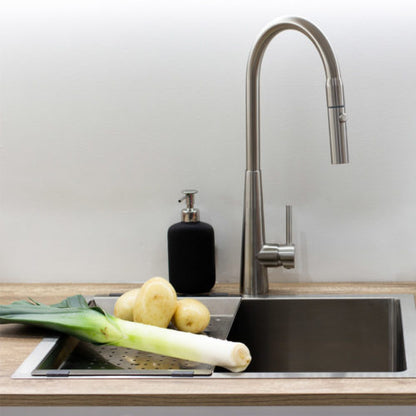 XCEL  Stainless Steel Gooseneck XPRESSFIT retractable dual spray mixer with conical base - Satin