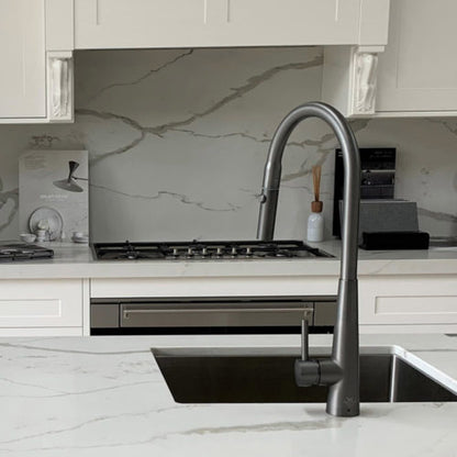 XCEL   Stainless Steel Gooseneck XPRESSFIT retractable dual spray mixer with conical base - Gun Metal