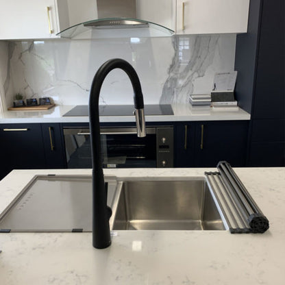 XCEL   Stainless Steel Gooseneck XPRESSFIT retractable dual spray mixer with conical base - Black & Bling