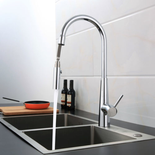 XCEL  Stainless Steel Gooseneck XPRESSFIT retractable dual spray mixer with conical base - Chrome                 Polished
