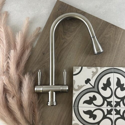 XQUISITE 316 Stainless Steel Provincial XPRESSFIT retractable twin handle tap Satin