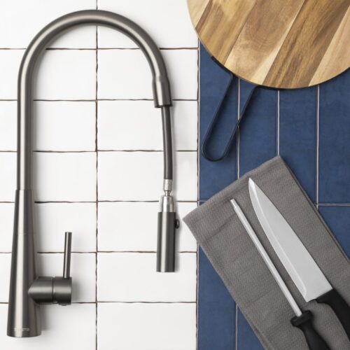 XCEL   Stainless Steel Gooseneck XPRESSFIT retractable dual spray mixer with conical base - Gun Metal